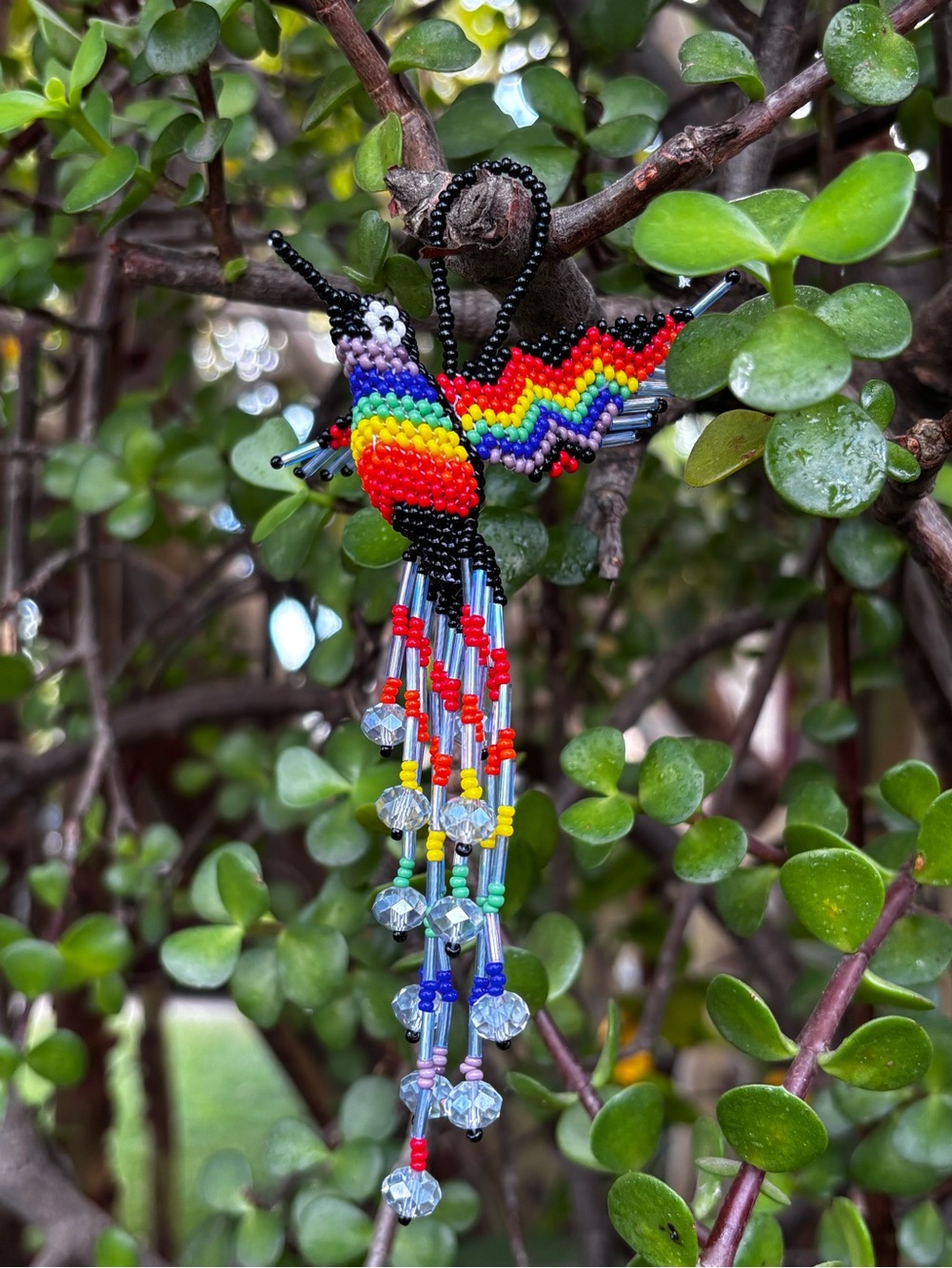 Handmade Rainbow Beaded Hummingbird Ornament - Multicolor